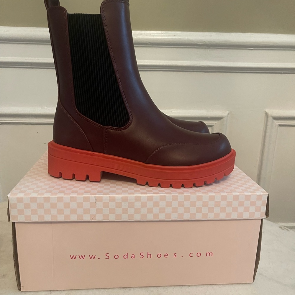 Soda Burgundy Chelsea Boots with Red Lug Sole